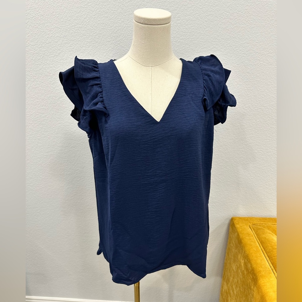 Umgee Blue Ruffled V-Neck Sleeveless Blouse